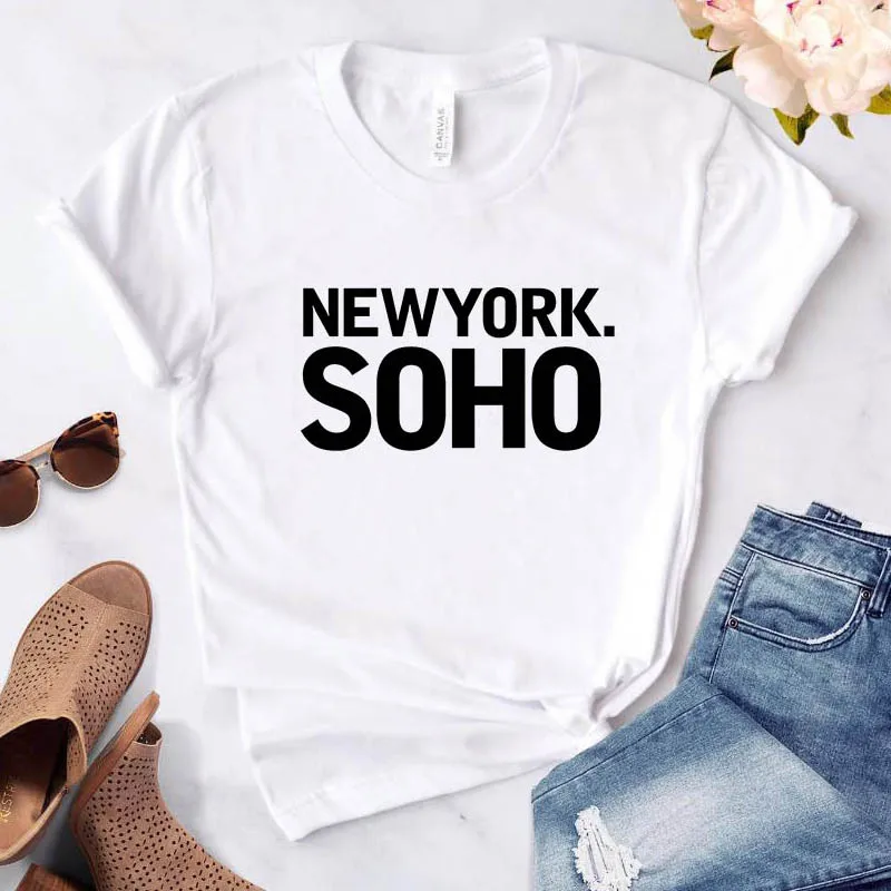 Women\'s t-shirt New York Soho alphabet cotton funny T-shirt ladies Top Tee fashionable Harajuku top T-shirt