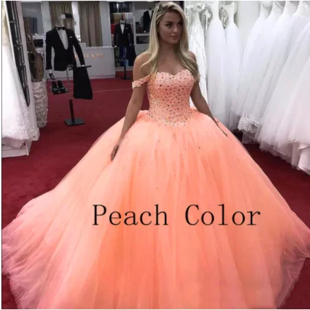 Charming Beaded Crystals Ball Gowns Quinceanera Dress Off Shoulder Tulle Debutante Sixteen 15 Sweet 16 Dress Vestidos De 15 Ano