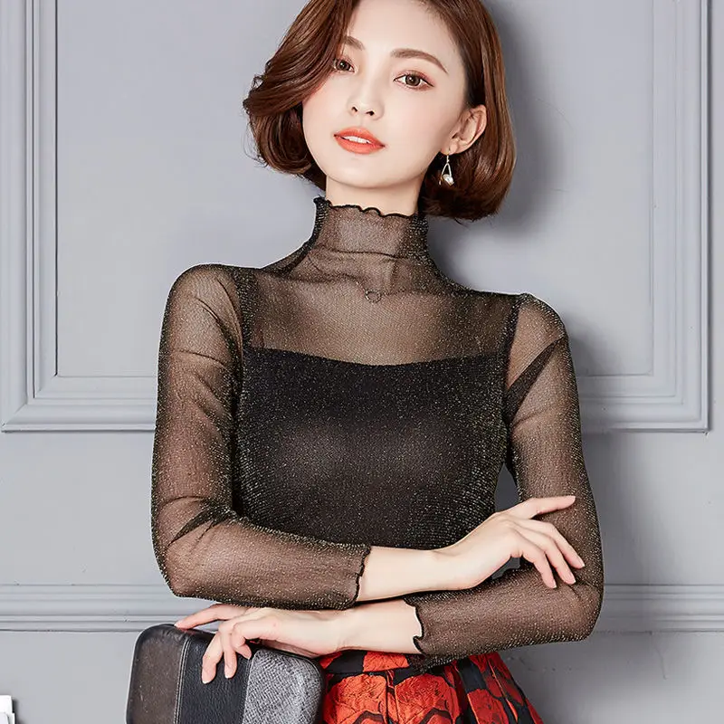 Blouse Women Long Sleeve Lace Mesh Tops Turtleneck Transparent Sexy Bright Shirts Blusas Ropa De Mujer