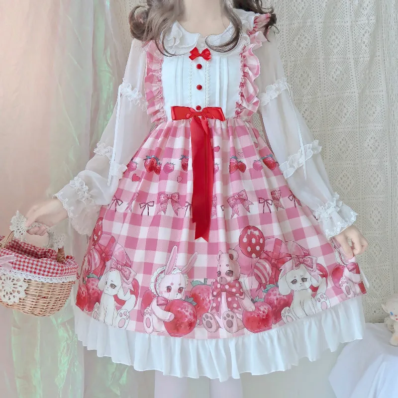 Giappone Kawaii rosa Lolita dolce fragola senza maniche JSK coniglio carino dolce Lolita JSK abito da principessa per ragazza vestito Cosplay