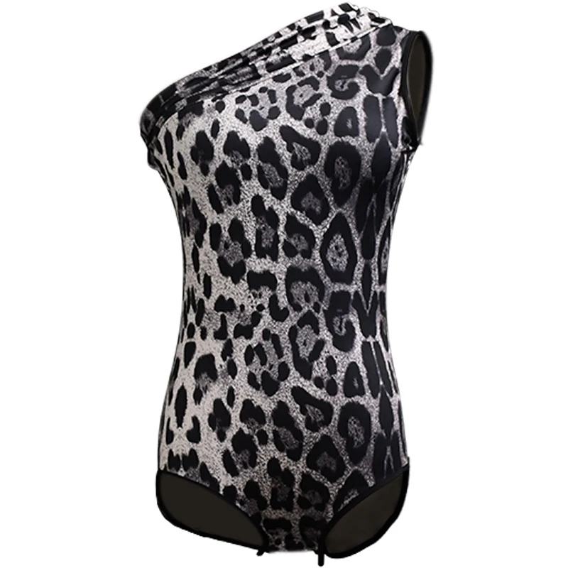 Female Latin Tops Sexy Slanted Shoulder Leopard Bodysuit Ballroom Dance Top Performance Costume Tap Latin Dance Wear Women 897