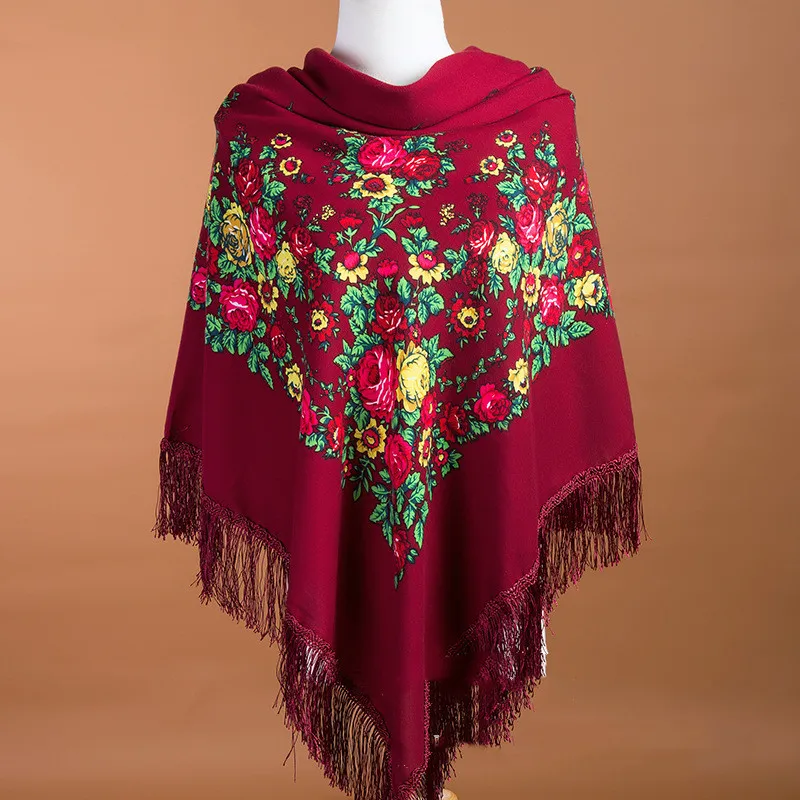 135*135cm Ethnic Style Women Russian Square Scarf Retro Floral Pattern Fringed Scarves Wraps Russia Ladies Headkerchief Shawl