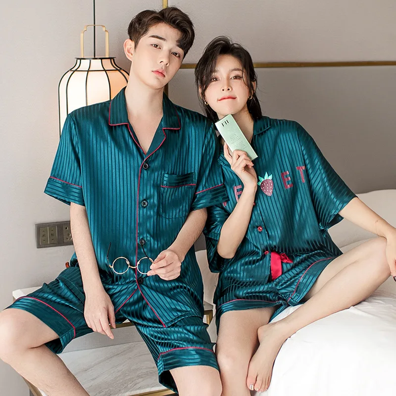 Women Sleep Set Intimate Lingerie Green Print Striped 2PCS Pajamas Suit Turn-down Collar 2021 New Nightwear Home Clothing