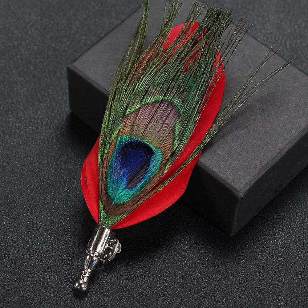 1 Pcs Feather Brooch Lapel Pin Fashion Designer Handmade Men Women Novelty Peacock Feather Brooches Dress Suit Accessory Gift