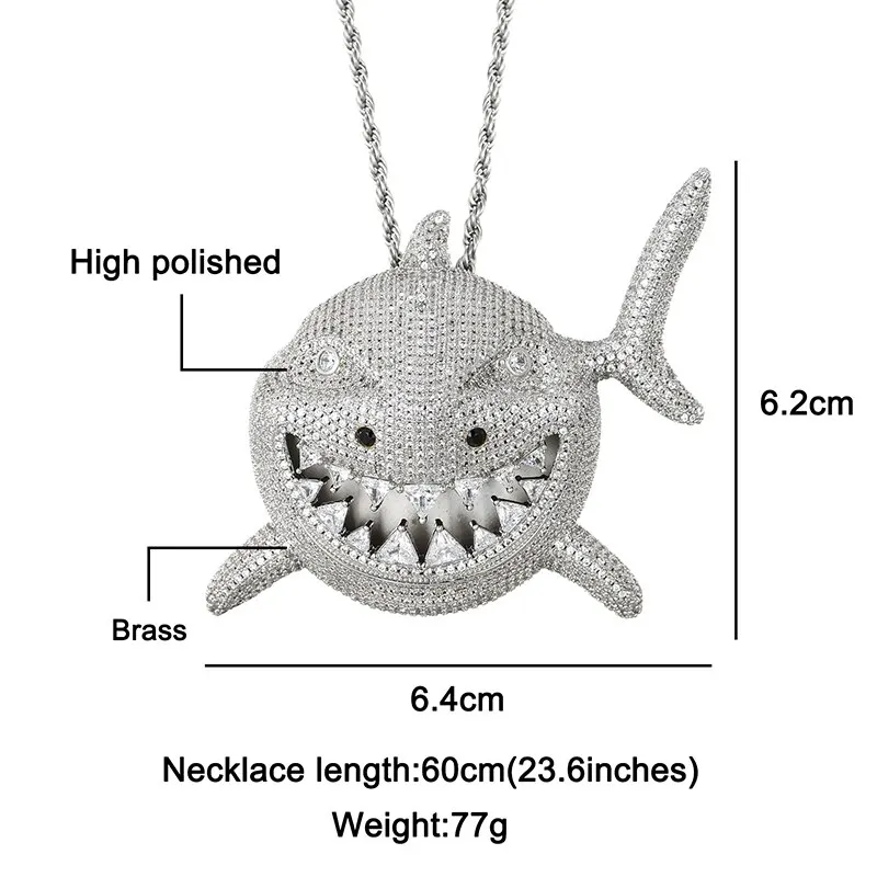 Hip Hop Iced Out Bling Cubic Zirconia Animal Big Shark Necklaces & Pendants For Men Women Rapper Jewelry With Solid Back