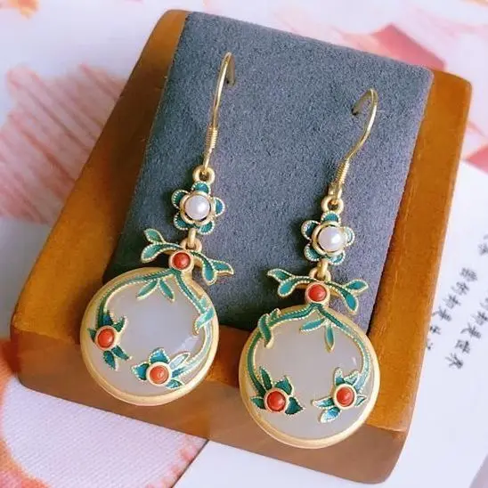 New silver inlaid natural Hetian white jade pearl plant flower long earrings Chinese style retro national charm women's jewelry