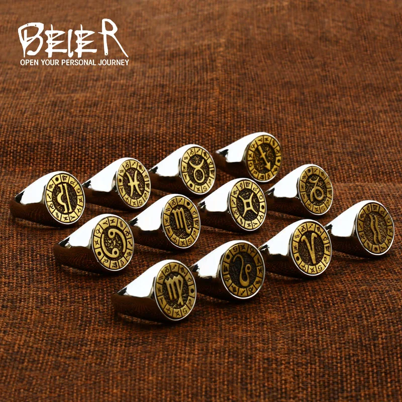 Beier 316L Stainless Steel Twelve Constellation Zodiac Sign Finger Rings Copper surface Vintage Fashion man Jewelry SET04