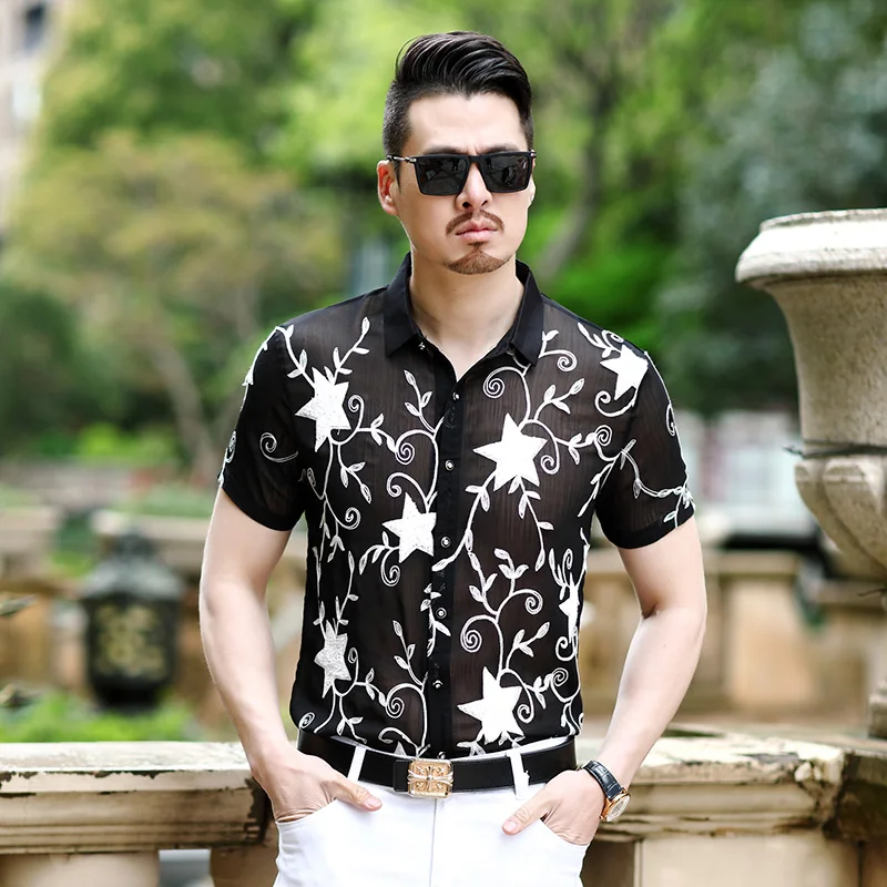 

New 2021 Man See Through Clothes Summer Transparent Clubwear Male Short Sleeve Sexy Dress Shirts