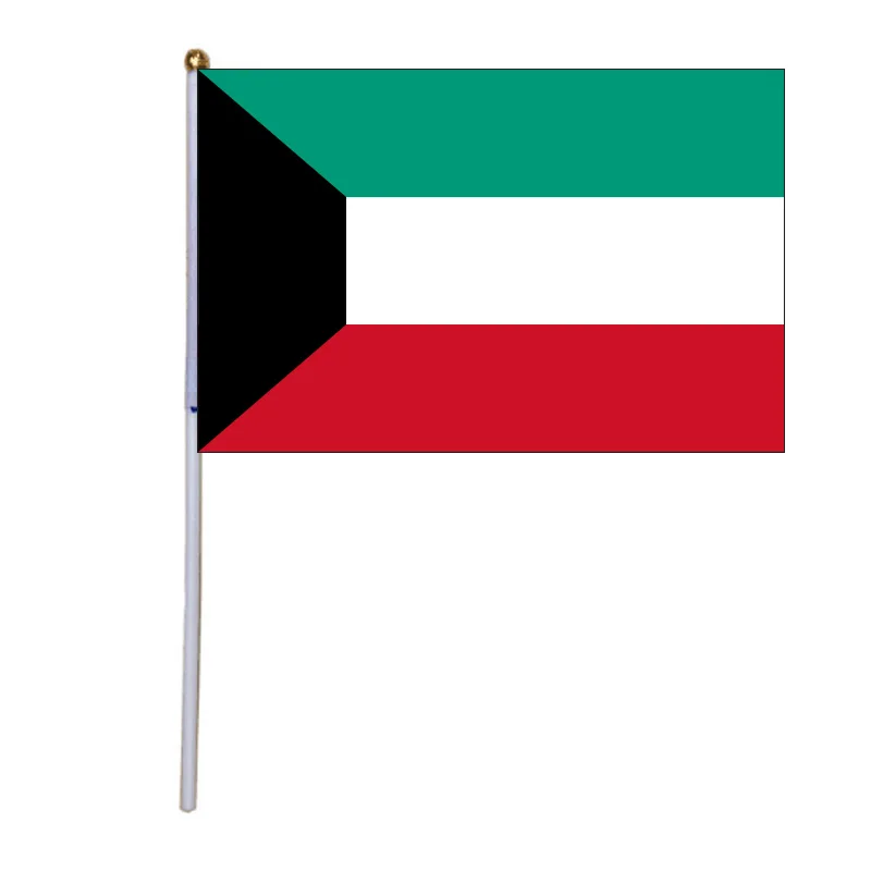 

free shipping xvggdg 100pcs 14 * 21cm National Flag Kuwait hand flags with plastic flagpole Polyester Printing flag