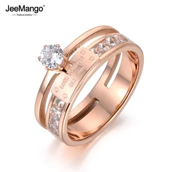 JeeMango Trendy AAA CZ Crystal Setting Rose Gold Color Wedding Rings Jewelry Stainless Steel Rhinestone Engagement Ring JR18049