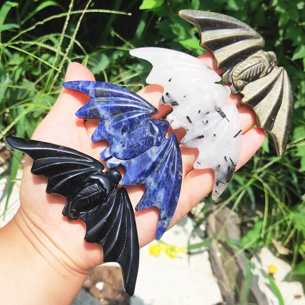 11cm Sodalite Crystal Bat Natural Black Tourmaline Quartz BugBat Obsidian Gemstone Chiropter Healing Reiki Halloween Gift