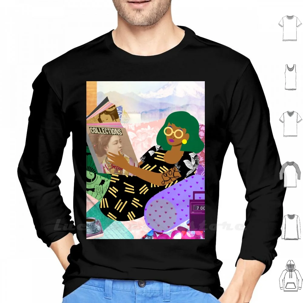 Lazy Sunday Long Sleeve Interior African American Black Art Room Bedroom Girl Woman Bookworm Graphic Collage Sunday