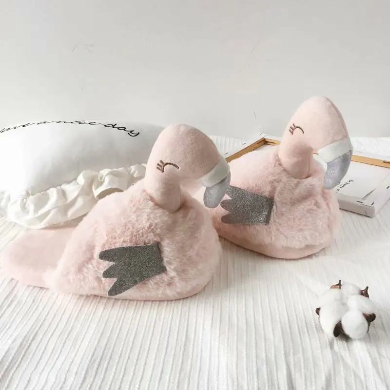 Pink Flamingo Home Slippers Cute Flamingo Stuffed Plush Home Warm Slippers Girls' Animal Home Slippers