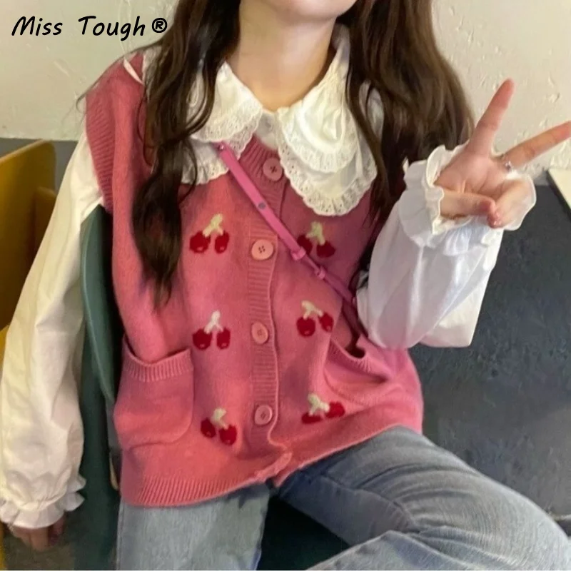 Autumn Pink Knitted Sweater Cardigan Women Print Cherry Kawaii Sweater Coat Korean Fashion Sleeveles Cute Knitwear Sweater 2022