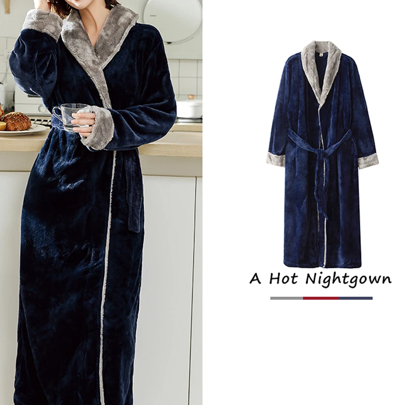 Men\'s Bathrobe Terry Female Casual Kimono Bathrobes Winter Flannel Long Robes Women Thick Warm Sleepwear Nightgown Male for Home