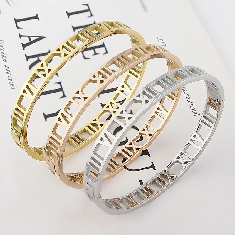 

Delicate Hollow Roman Numeral Bracelets & Bangles Titanium Steel Bangle Fine Jewelry For Women Vacuum Plating Bangle Top Quality