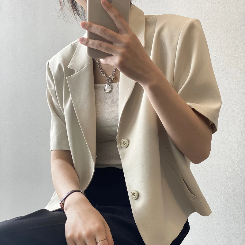 Blazers Women Leisure Elegant Solid Short Sleeve Chic Ins Korean Fashion Female Tops Office Wear Single Breasted Notched Trendy