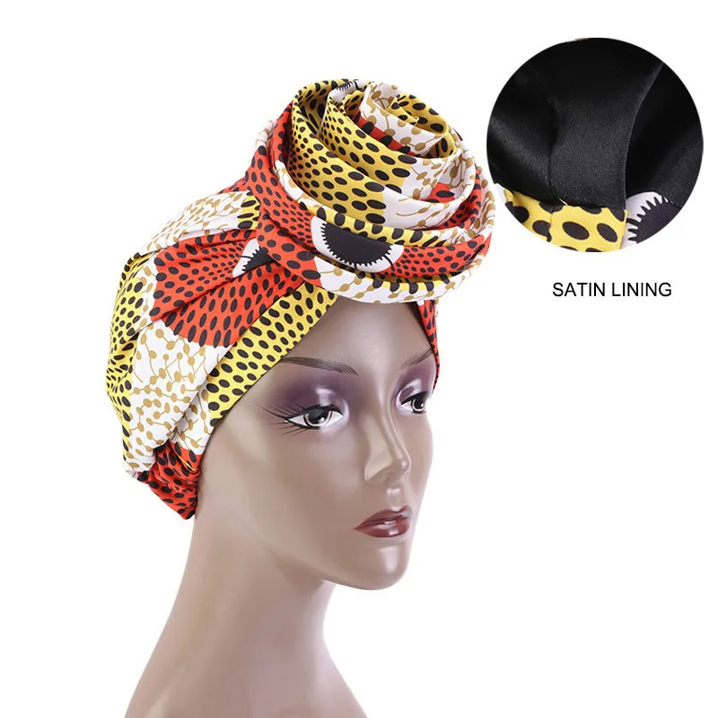 Women African Pattern Knot Headwrap Pre-Tied Knotted Turban Bonnet Satin Linned Beanie Headscarf Cap Headwear Hair Accessories