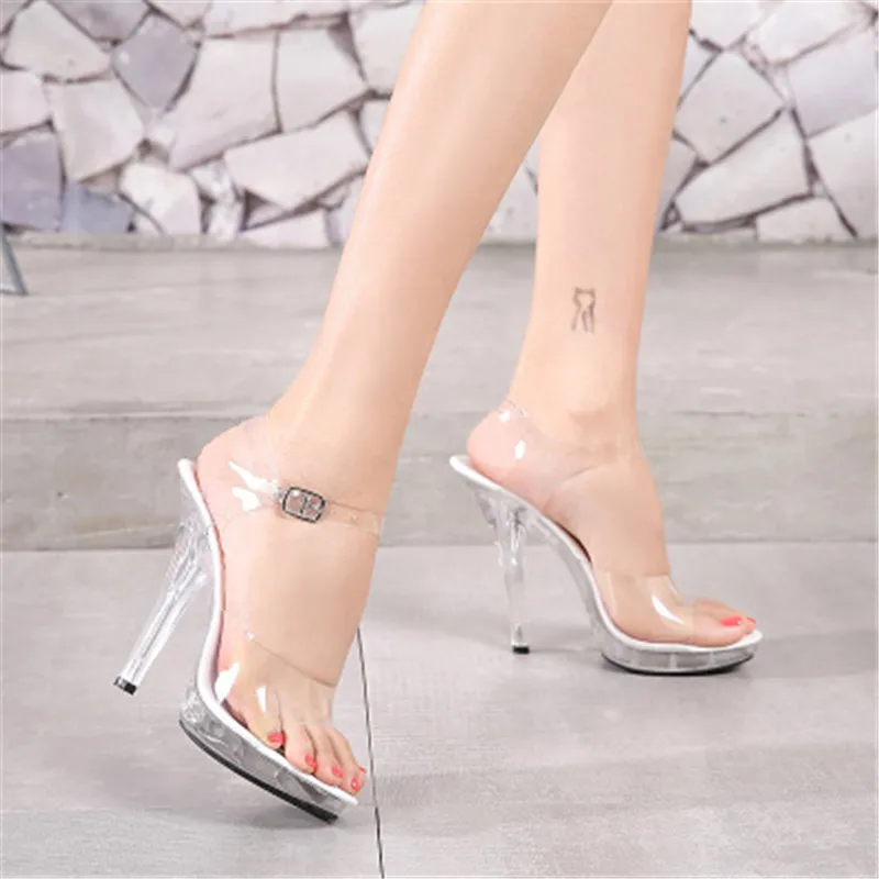 13 cm high crystal thin heel slippers, female summer waterproof platform slip thick bottom sexy model pole dancing shoes