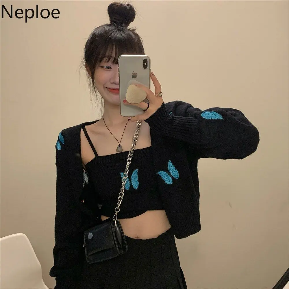 Neploe Women Cardigan Embroidery Cropped Sweaters Two-piece Sets Korean Y2K Sweater Knit Suit Fashion Harajuku Kimono Cardigans