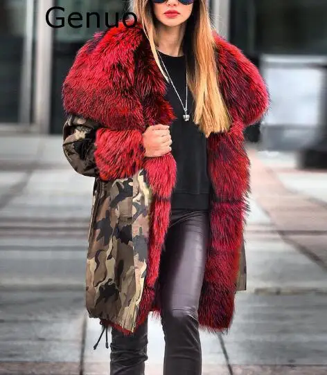 Genuo New Coats Women Fuzzy Fur Camouflage Winter Warm Hoodie Jacket Windproof Outwear Thick Fashion New Coat Women 2020