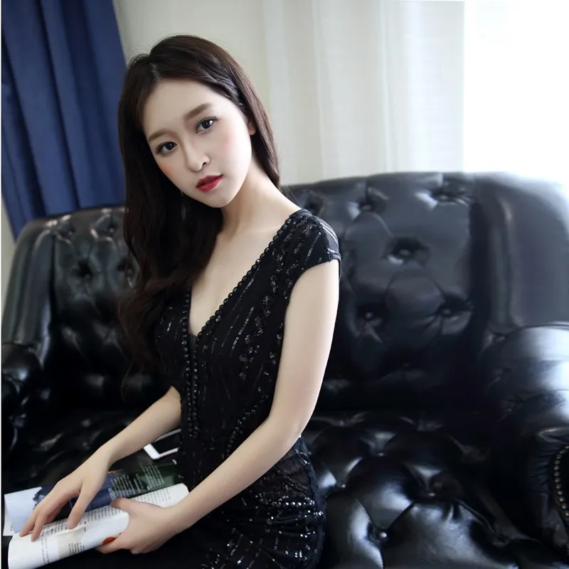 2020 New Fashion Evening Dress Party Dresses Slim Sexy Long Mermaid Black Prom Dresses Sexy Beaded V-neck Sequins Formal Dress