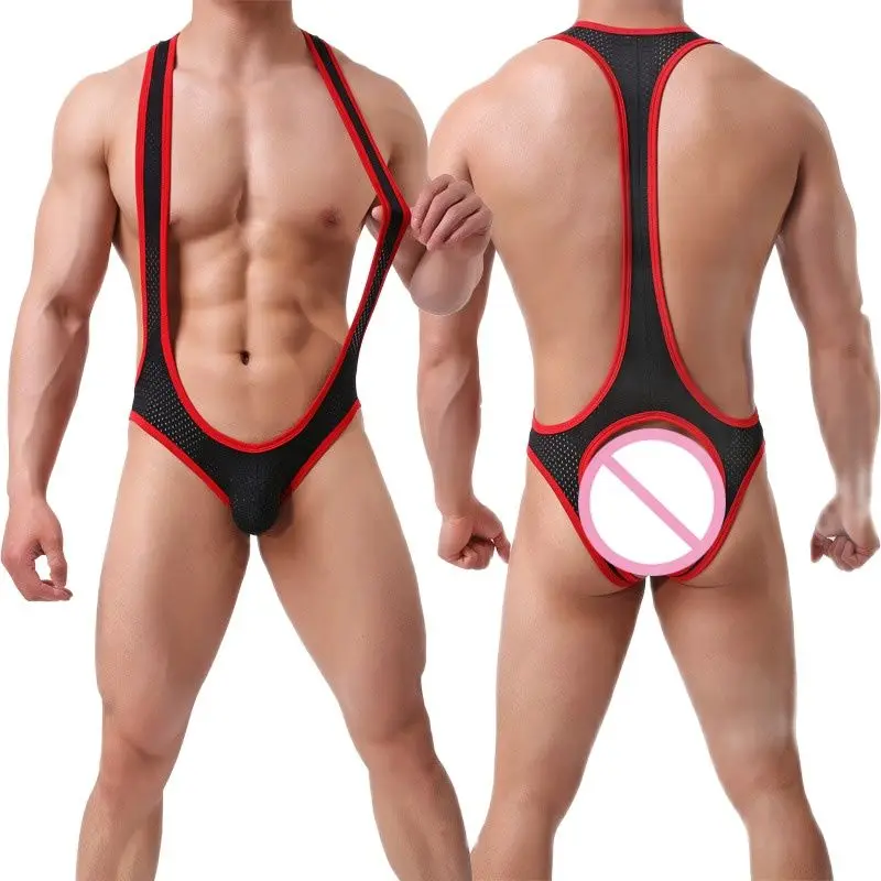 CLEVER-MENMODE Sexy Lingerie Mesh Bodysuit Mens Jockstrap Backless One Piece Wrestling Singlet Body Suit Briefs Bondage Mankini