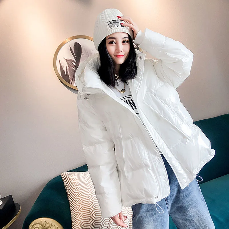 Winter Women Thick Warm Bright Black Shiny Parka Cotton Jacket Fashion Hooded Glossy Down Cotton-Padded Outerwear Mujer chaqueta