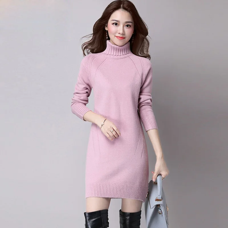 Plus Velvet Padded Sweater Dress Women New Autumn Winter Sweater Female Outer Wear Length High-Neck Knitt Bottoming Shirt Jacket