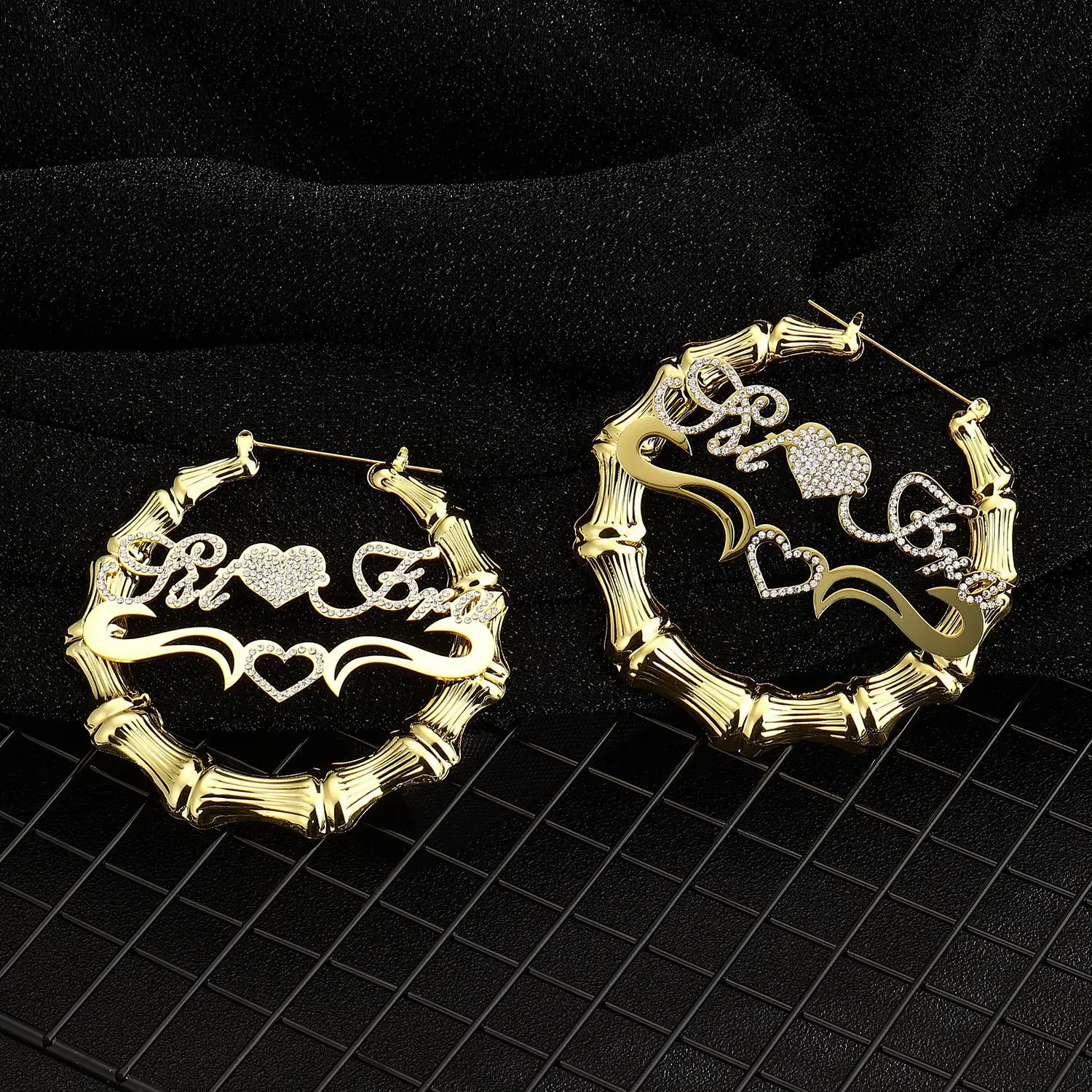 Customized Name Earrings With Diamond Heart Name Hoop Earring Personalised Letter Stainless Steel Circle Bling Name Earrings