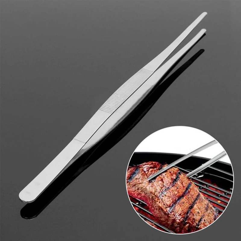 20cm/30cm Long Barbecue Food Tong Stainless Steel Straight Tweezer Toothed Tweezer Home Medical Garden Kitchen BBQ Tool