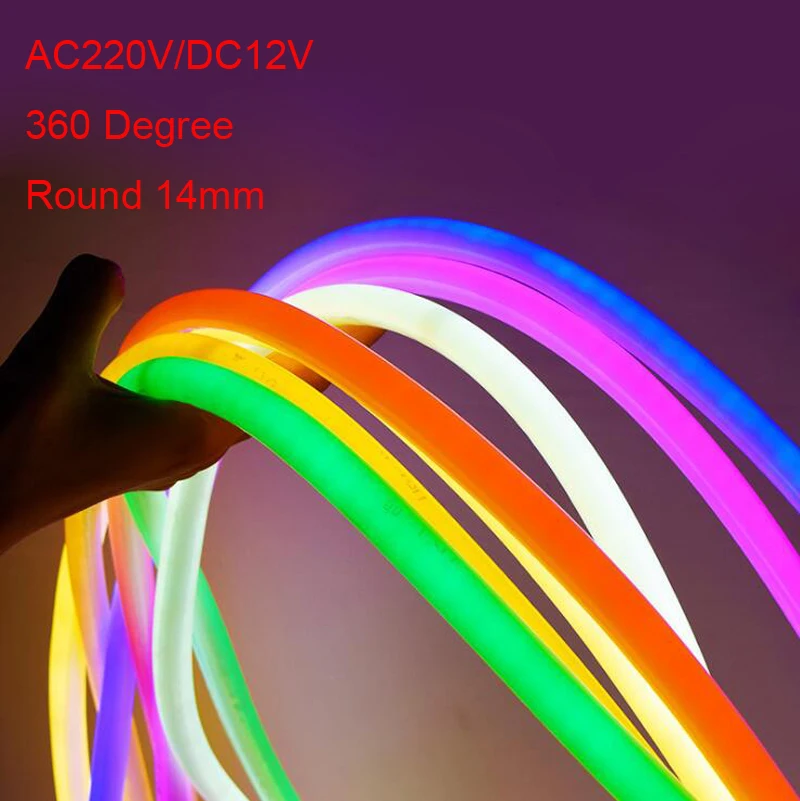 

50m Round Soft LED Neon Strip AC220V 240v DC12V 14mmx14mm Round Flex 120pcs 2835/m 360 Degree Lighting Neon Flexible Strip IP67