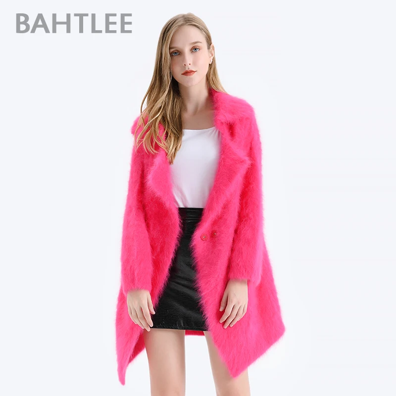 BAHTLEE-Knitted Cardigans with Pocket for Women, Angora Coat, Long Sleeves, Wool Jumper, Turn Down Collar, Winter