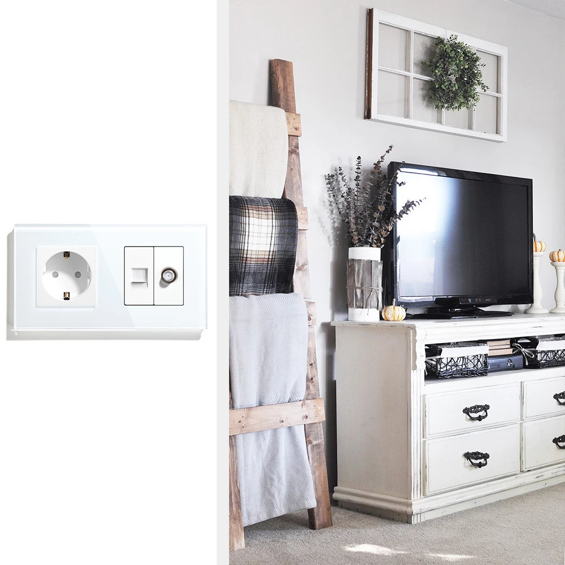 BSEED EU Standard Wall Socket With PC ST Socket Crystal Glass Panel White Black Golden CAT5 Internet Satellite Power Sockets