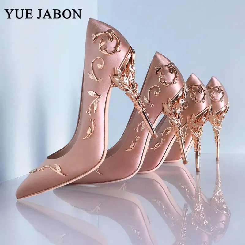 Sweet White Gold Blue sexy high-heels bridal wedding shoes banquet dress female Elegant Silk Women Pumps Metal Heel Party Shoe