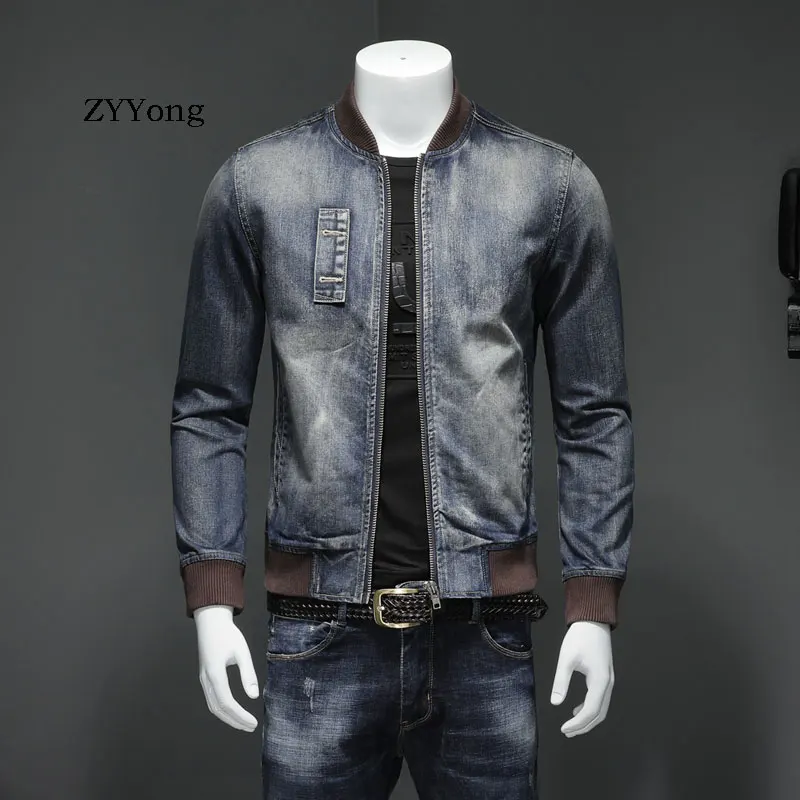 New Autumn European Style Stand Collar Bomber Pilot Blue Denim Jacket Men Jeans Coats Slim Motorcycle Casual Outwear Clothing