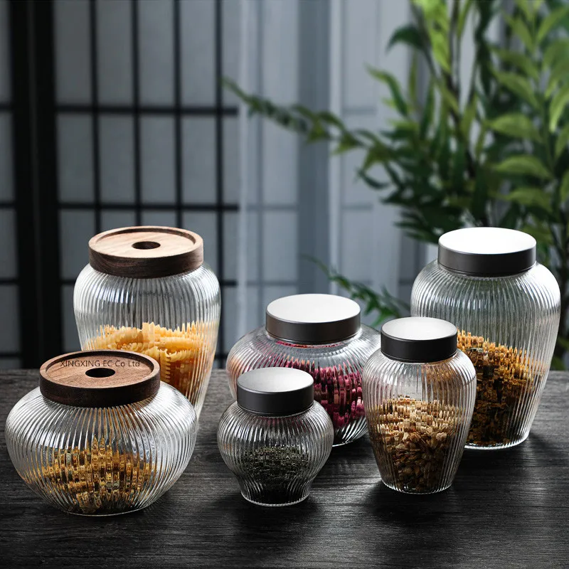 Thickened Glass Tea Jar Sealed Storage Box Household Large Wooden Lid Snack Jar Moisture-proof Simple Coffee Bean Storage Jar