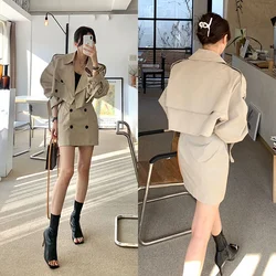 Office Lady Temperament Big risvolto doppio petto Trench Jacket Short + Wrap Hip minigonne Casual Vintage set Fashion coreano