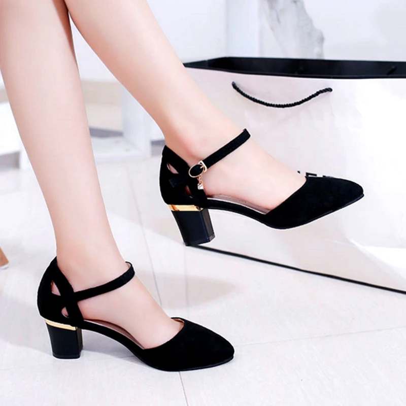 Women Cute Sweet Black Buckle Strap Square Heel Shoes for Office Lady Classic Comfort Summer Heel Pumps Zapato Tacon E5986