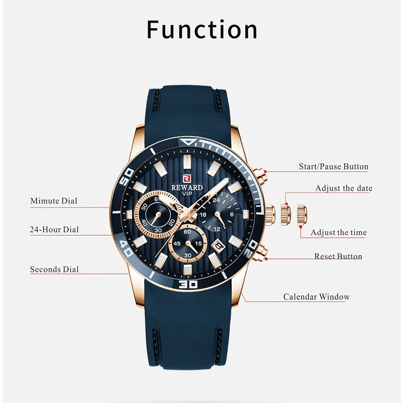 REWARD Mens Watches Top Brand Luxury Blue Quartz Watch Chronograph Men Silicone Waterproof Date Sport Wrist Watch Man Male Clock