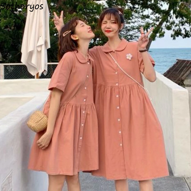 

Dress Women Short Sleeve Solid Peter Pan Collar Trendy Leisure Korean Style Loose Sweet Students Female Clothing Ulzzang