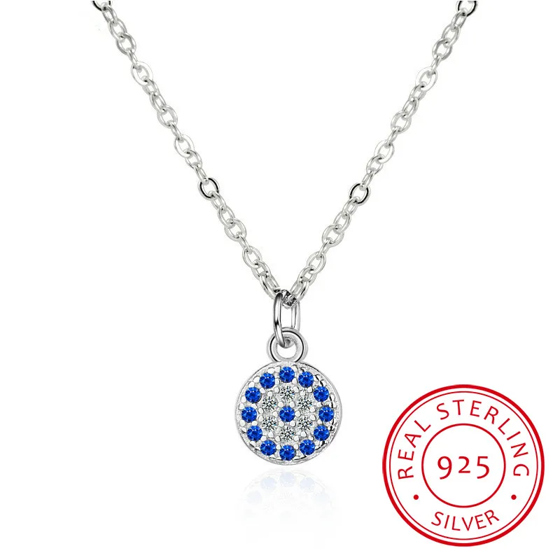 Genuine 925 Sterling Silver Necklace Turkey Round Evil Of Eye Necklaces AAA CZ For Women Link Chain Jewelry  KLTN021