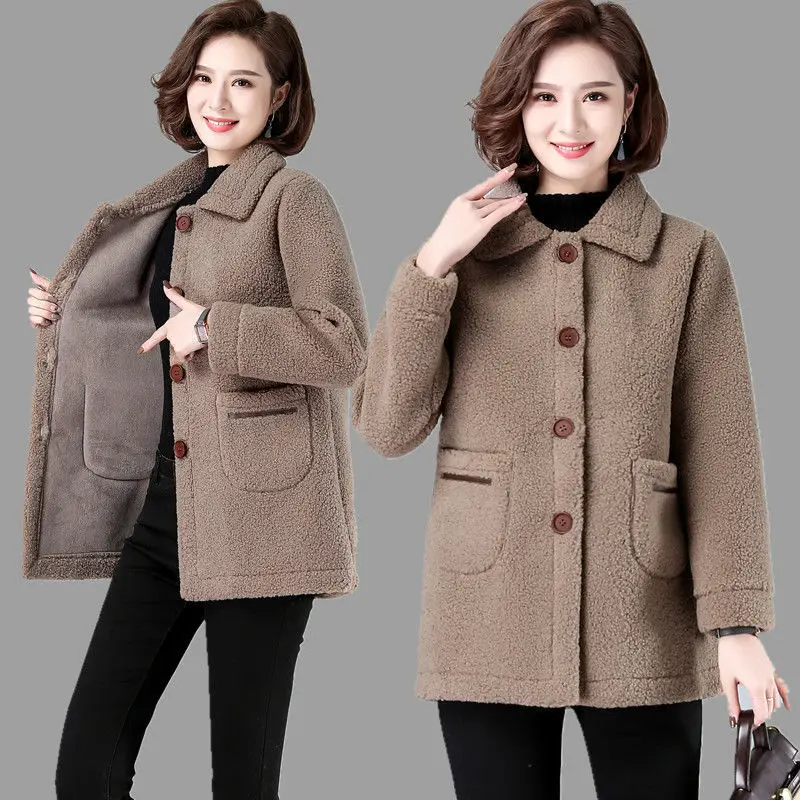 Women Autumn Winter Lambswool Coat  New Middle-aged Mother Fleece Jacket Add Velvet/No Velvet Overcoat  5XLA582