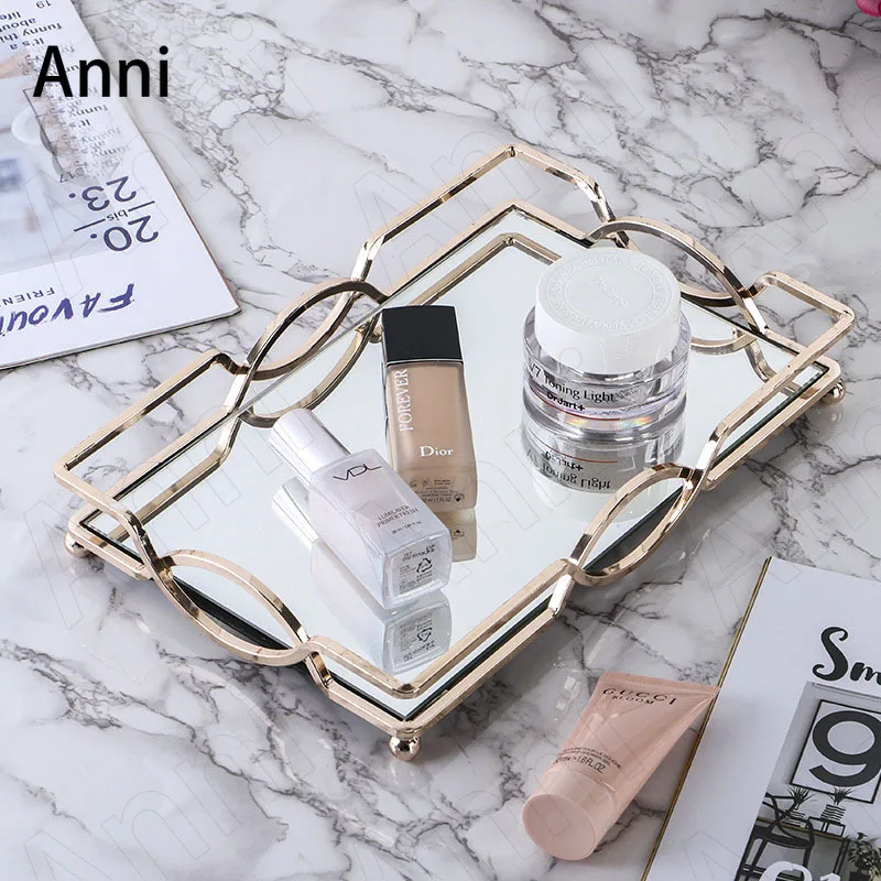 

European Golden Stroke Glass Trays Decorative Creativity Line Jewelry Necklace Display Mirror Tray Bathroom Toiletries Plates