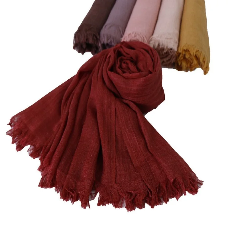 High Quality Headband Long Scarves 190*120cm Fashion Soft Linen Cotton Scarf Shawls Muslim Large Hijab Plain Wraps