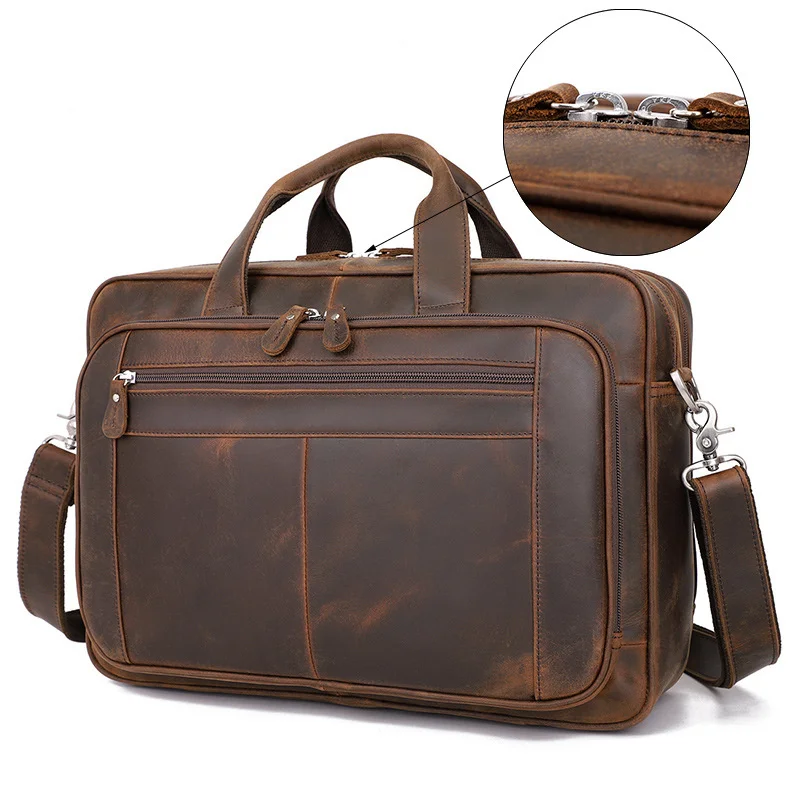 Large Capacity Genuine Leather Men Laptop Bag Vintage Male Handbags For HP DELL ACER 17.3\