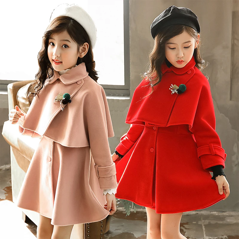 Girls Woolen Dresses Set 2 Pcs Spring Fall New Children's Princess Vest Dress + Cloak Coat Twinset Kids Cute Preppy Clothes P378