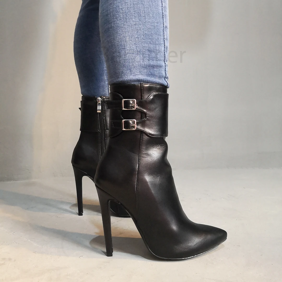 BERZIMER FASHION Ankle Boots for Women Side Zip Stiletto Heels Booties Zapatos Mujer Ladies Shoes Woman Large Size 45 47