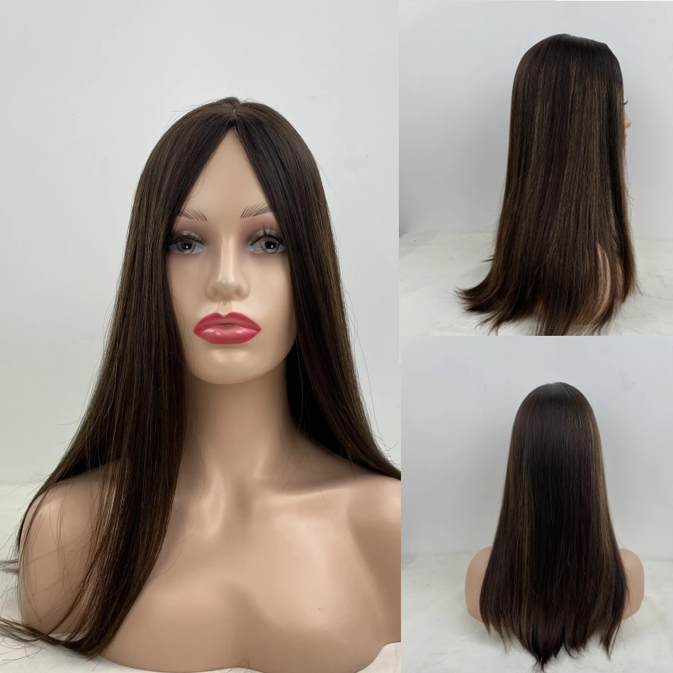 Long Straight Brown Color With Highlights Jewish Kosher Wigs 100% Real Human Hair Sheitel Without Bangs