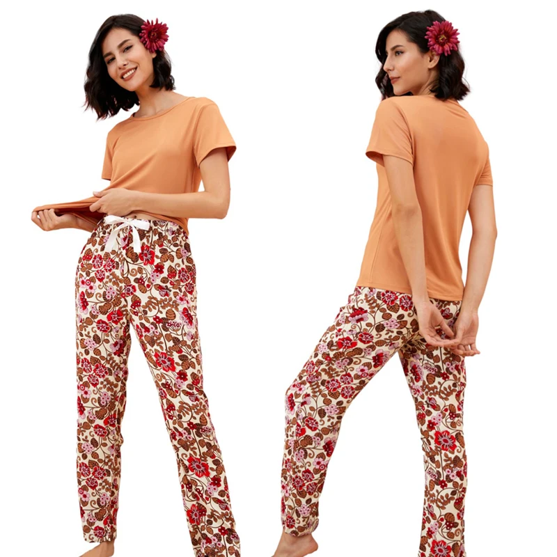 KISBINI Spring Summer Women Homewear Flower Printed Pajamas Set Short-Sleeve T-Shirt Pants Female Sleepwear Soft Pyjamas